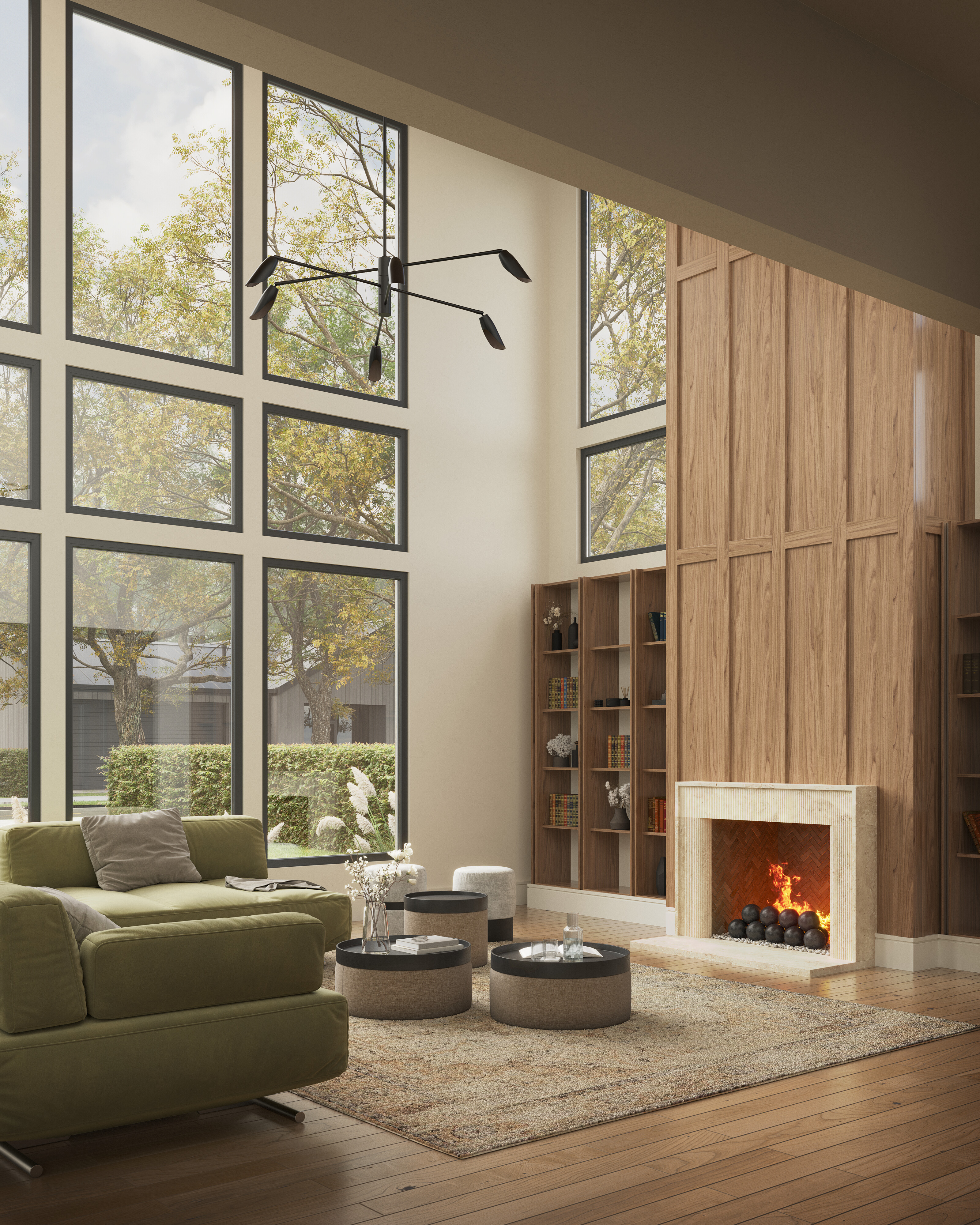 Luxury great room with floor-to-ceiling windows and fireplace