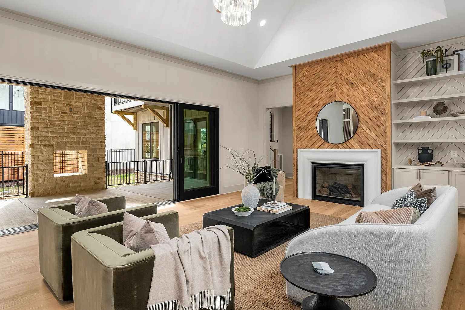 Custom great room with fireplace and open living