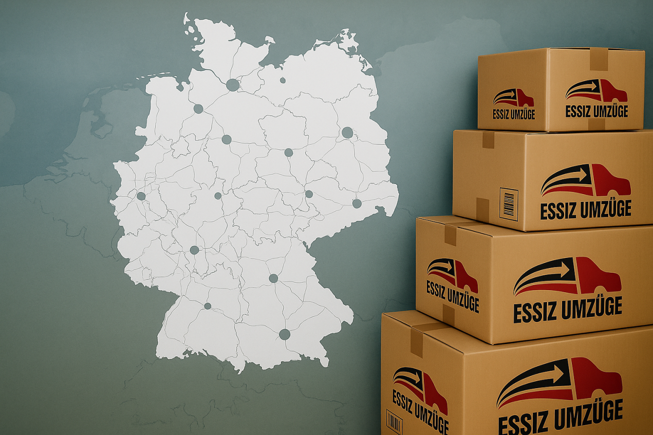 Deutschlandkarte mit mehreren Umzugskartons als Darstellung für bundesweite Umzüge