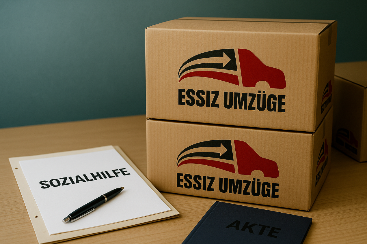 Umzugskartons mit Unterlagen zur Sozialhilfe als Symbolbild für Unterstützung beim Umzug