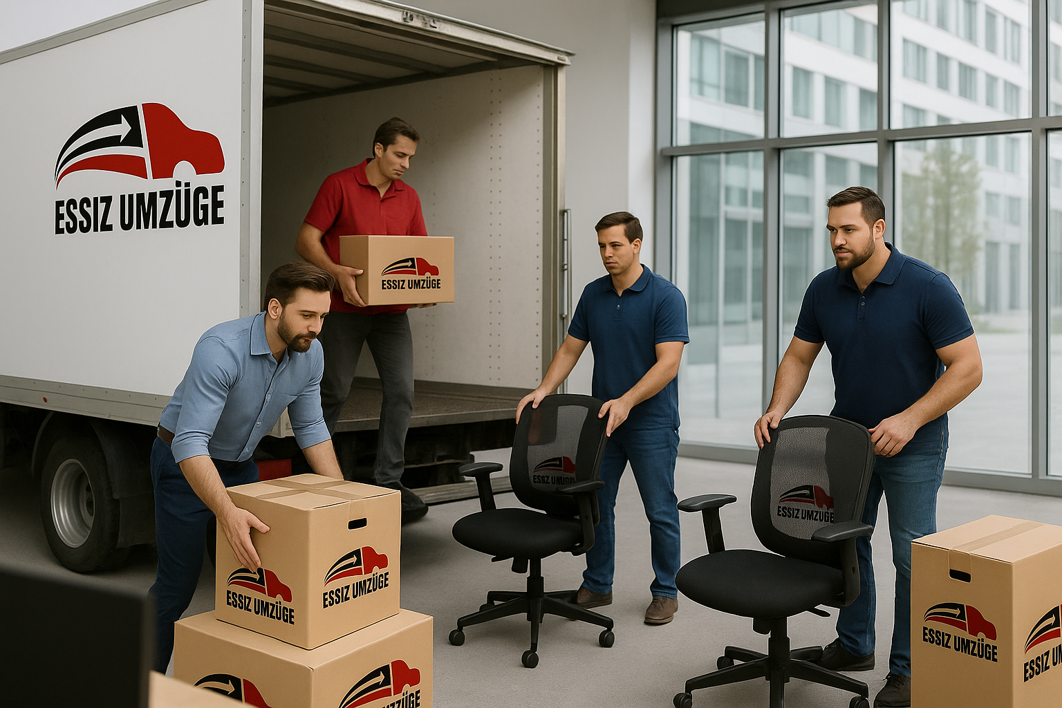 Büroumzug mit mehreren Umzugshelfern, Kartons und Büromöbeln vor einem Transporter