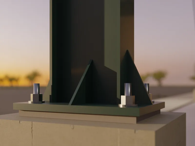 Base de hormigón con plantilla de acero, bulones y cartelas de una columna