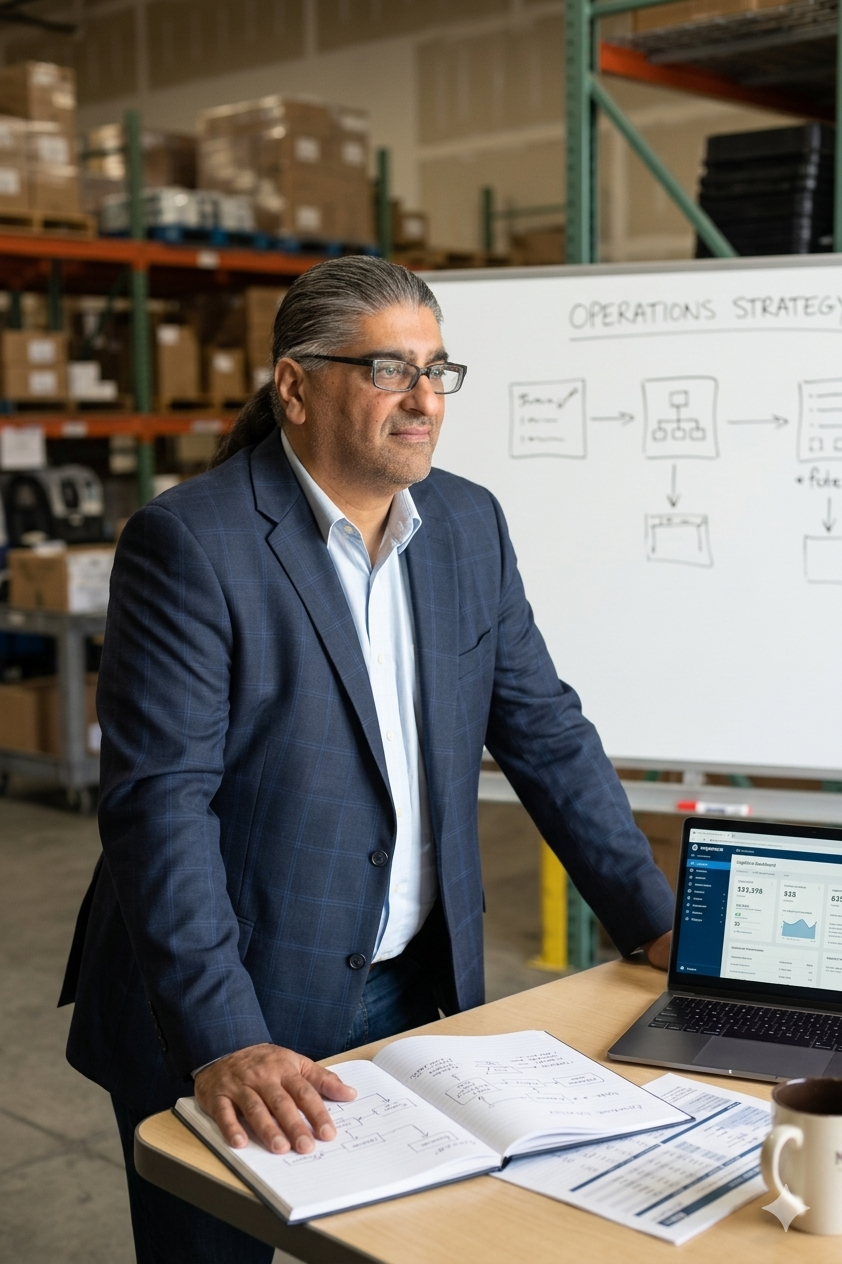 Munu Hicken-Gaberria reviewing operations strategy in warehouse setting