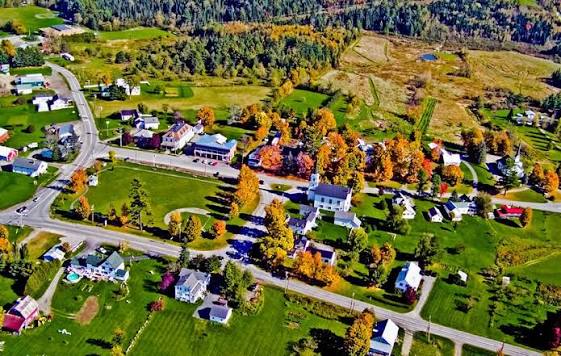 Aerial view of the Irasburg village common in Vermont's Northeast Kingdom, representing local reputation and review request automation