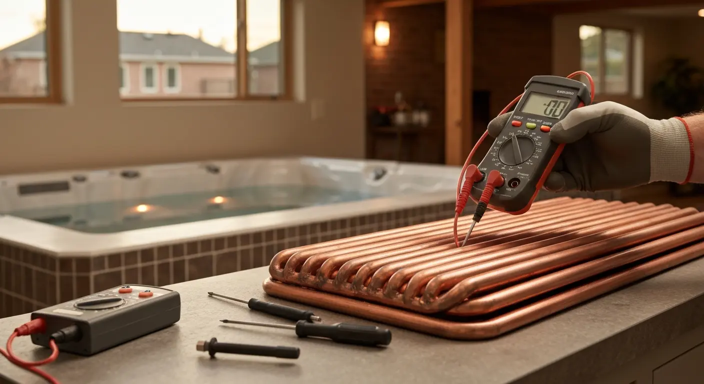 Heater repair technician testing spa element