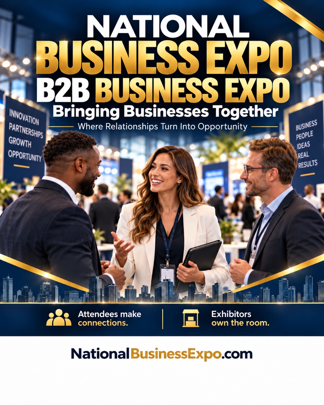 Dark navy and gold National Business Expo B2B promotional flyer