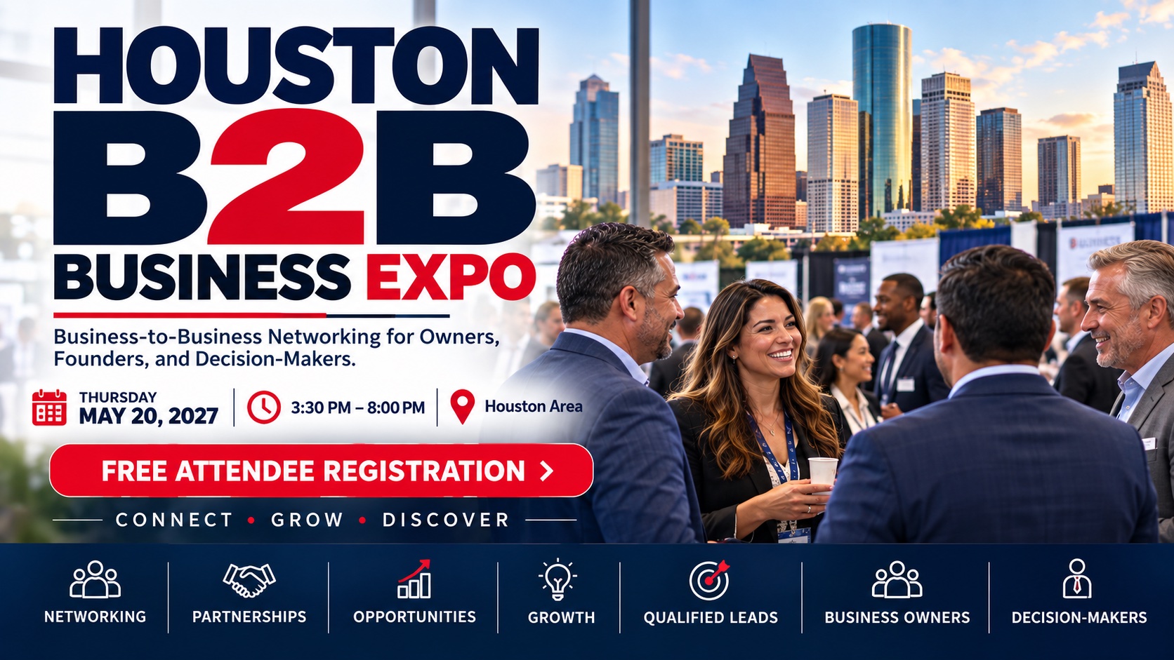 Houston B2B Business Expo promotional graphic for May 20, 2027