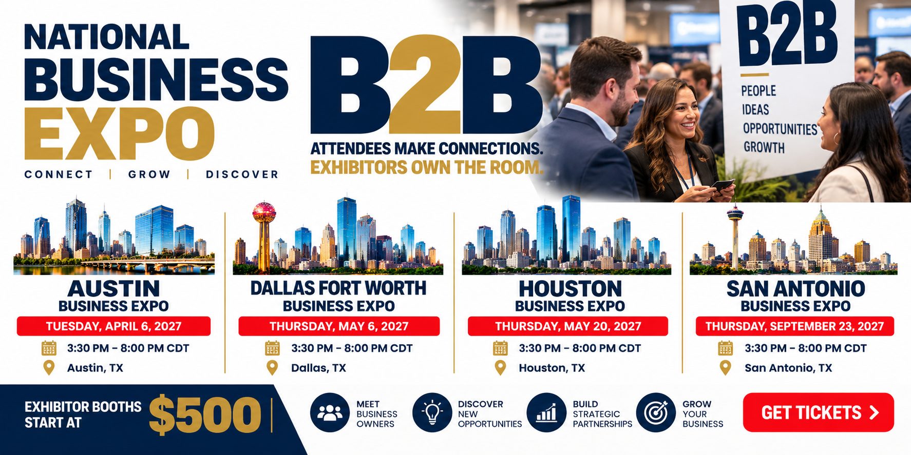 National Business Expo flyer showing the Austin, Dallas Fort Worth, Houston, and San Antonio 2027 expo dates