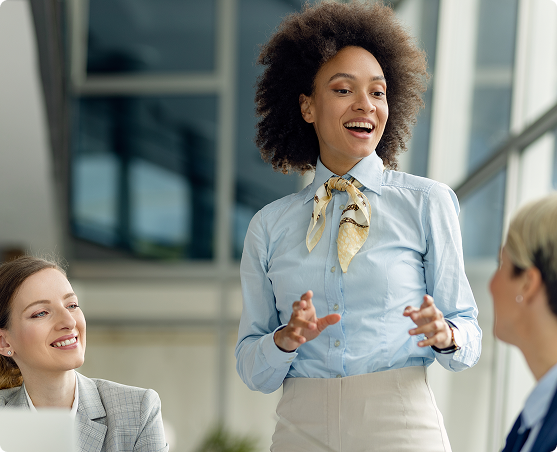 Woman discussing to teammates