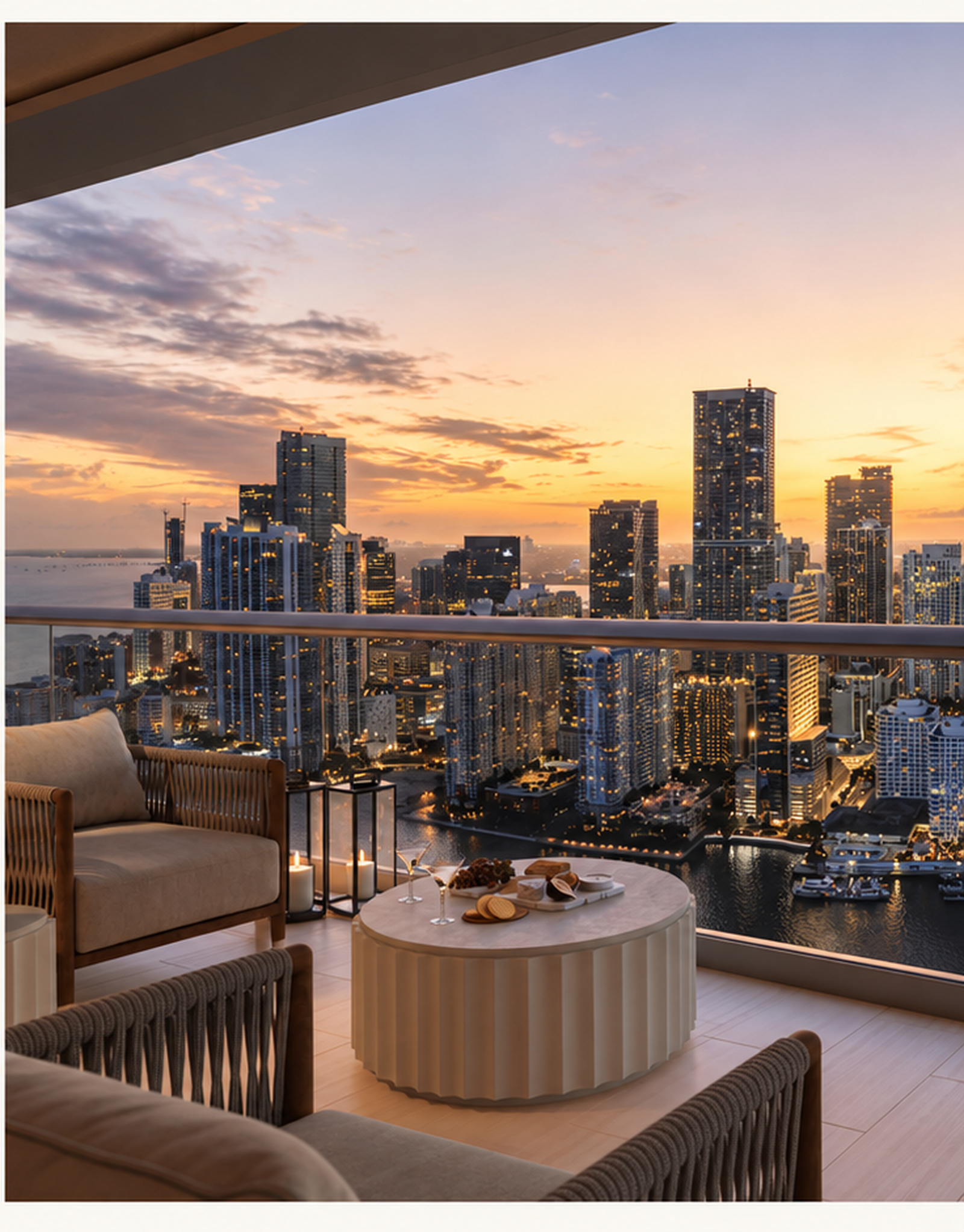 Vista al atardecer de Miami desde terraza residencial