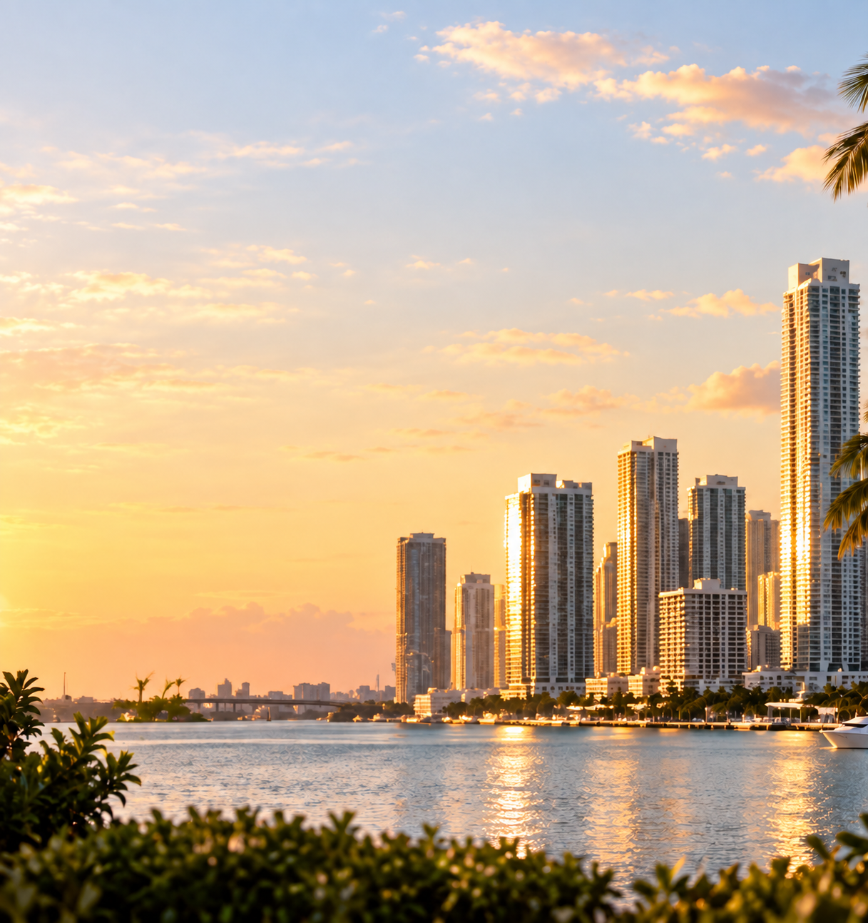 Skyline de Miami, bahía y atardecer — Jester Niño Real Estate