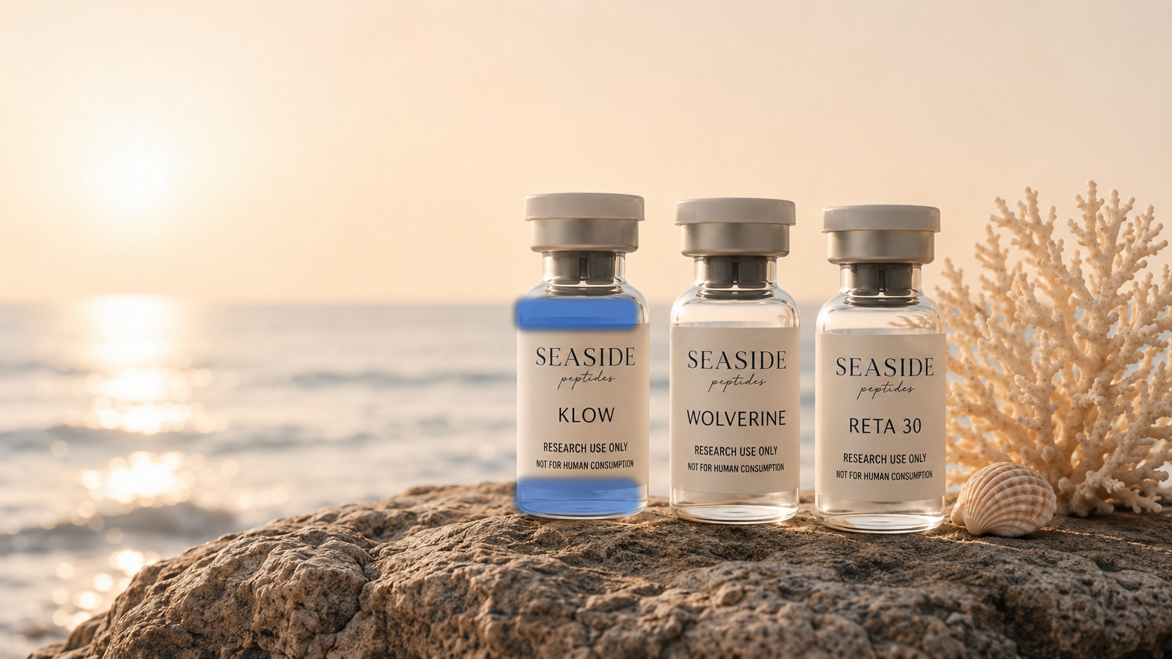Seaside Peptides research vials displayed on a coastal rock ledge