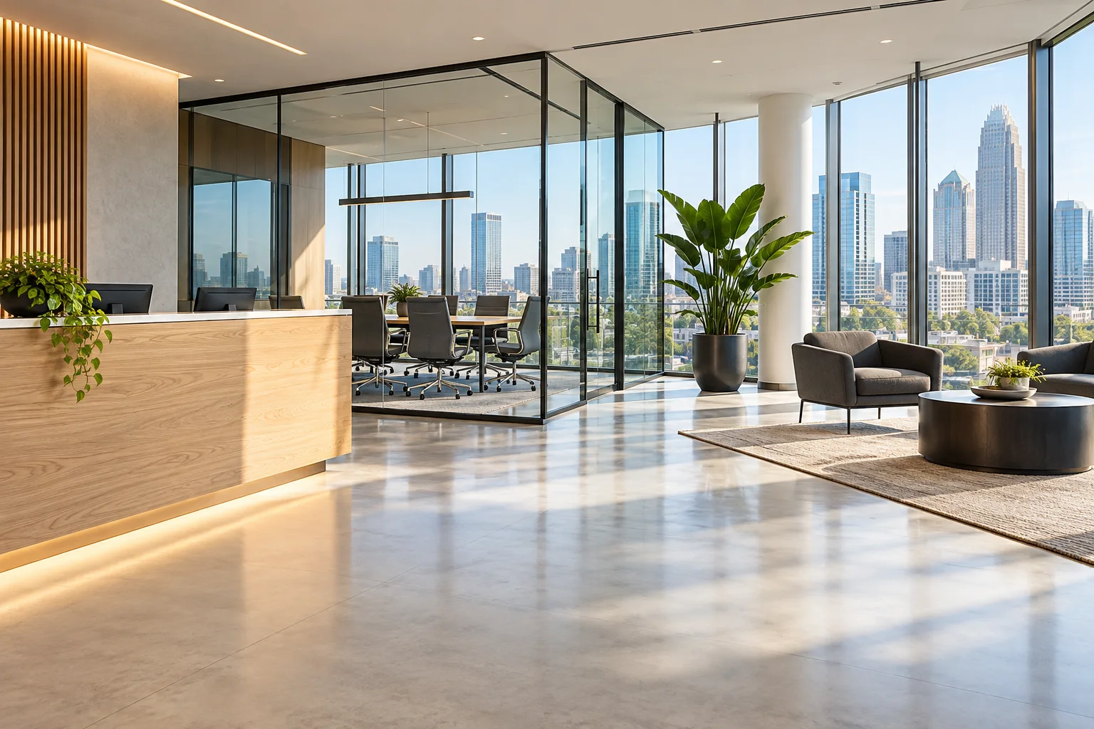 A bright, clean office reception and meeting space