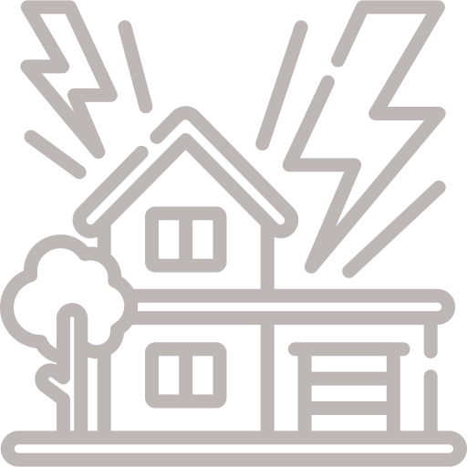 Storm restoration icon with damaged roof and lightning bolt