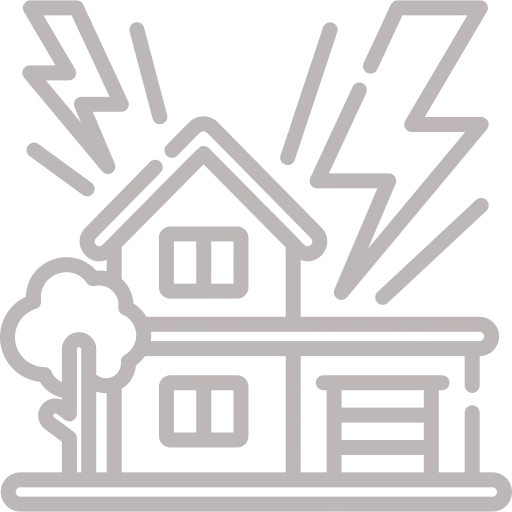 Storm restoration icon with damaged roof and lightning bolt