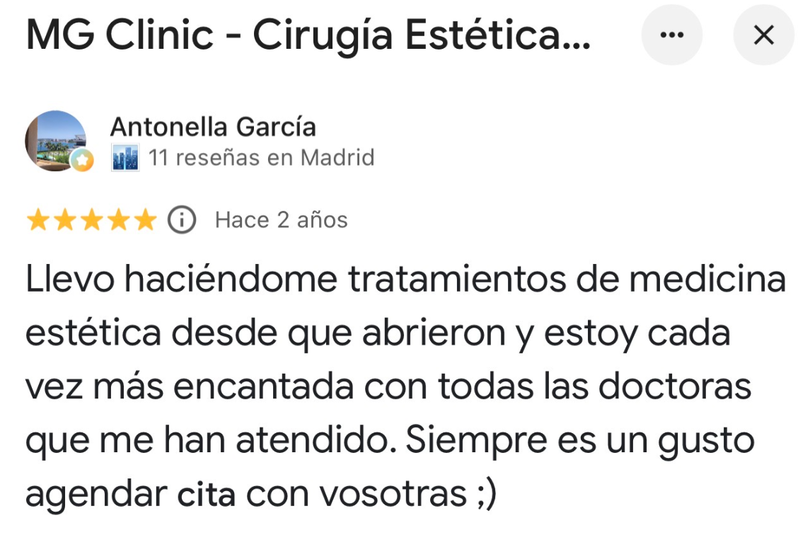 Reseña original de Google de Antonella García sobre su experiencia con las doctoras de MG Clinic