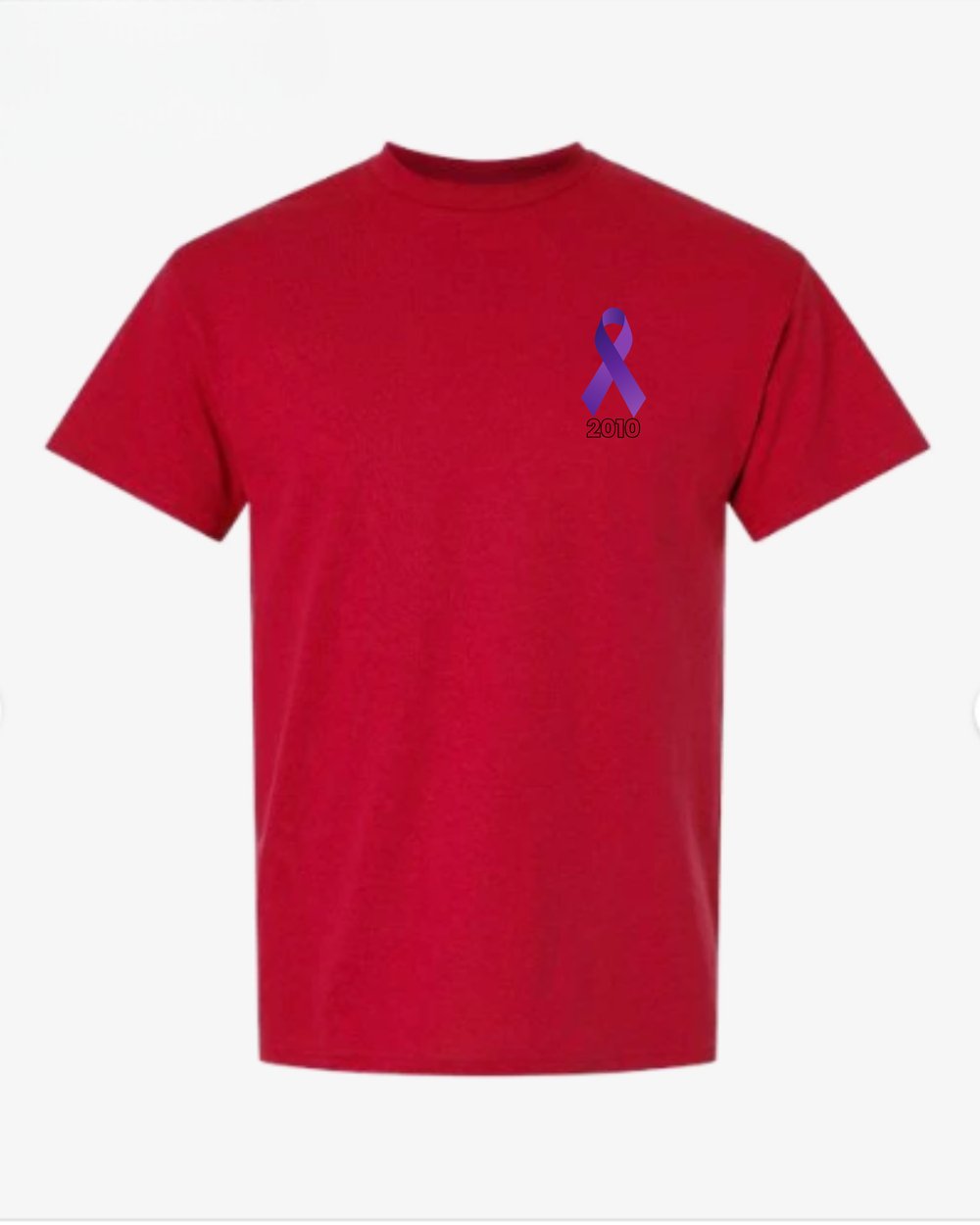 Red shirt, front: purple ribbon and 2010