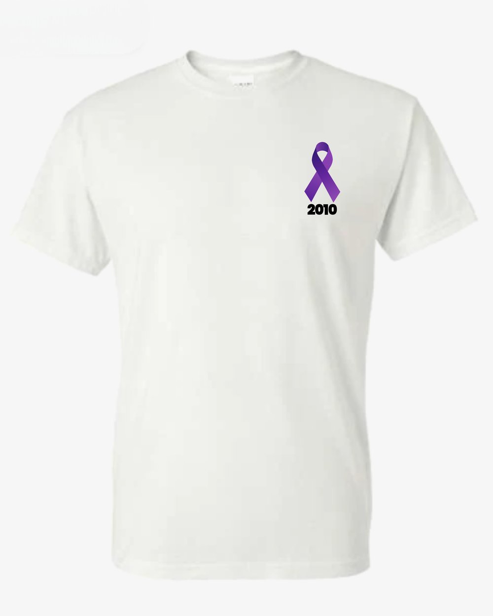 White shirt, front: purple ribbon and 2010