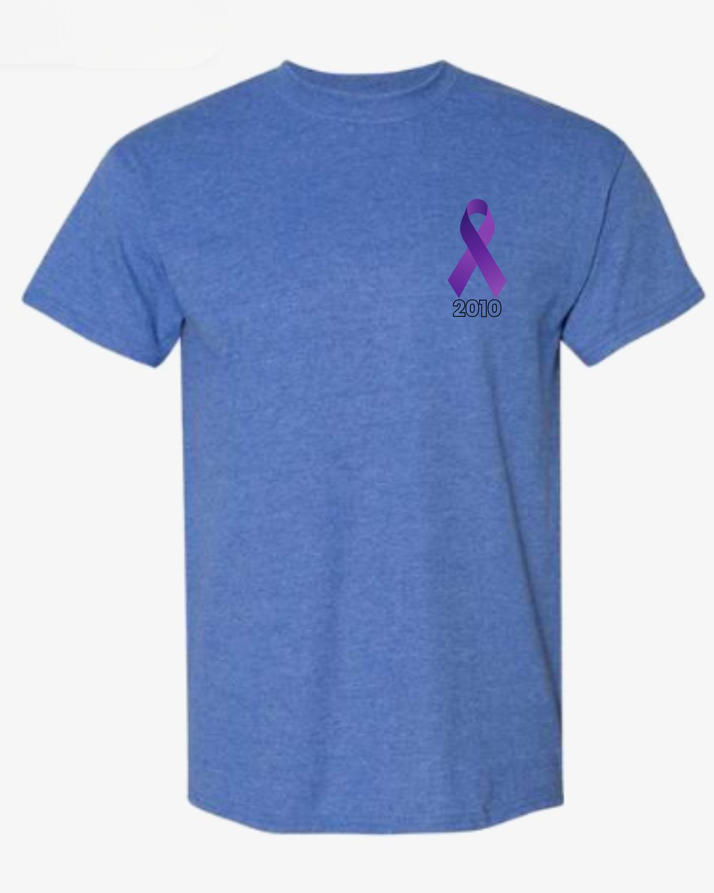 Heather Sport Royal shirt, front: purple ribbon and 2010