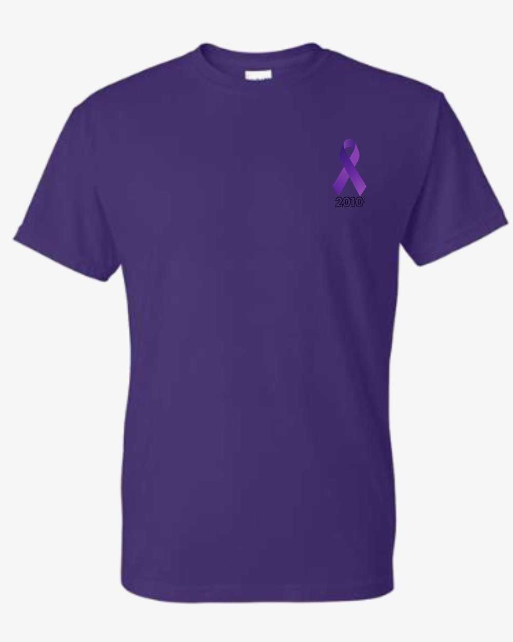 Purple shirt, front: purple ribbon and 2010