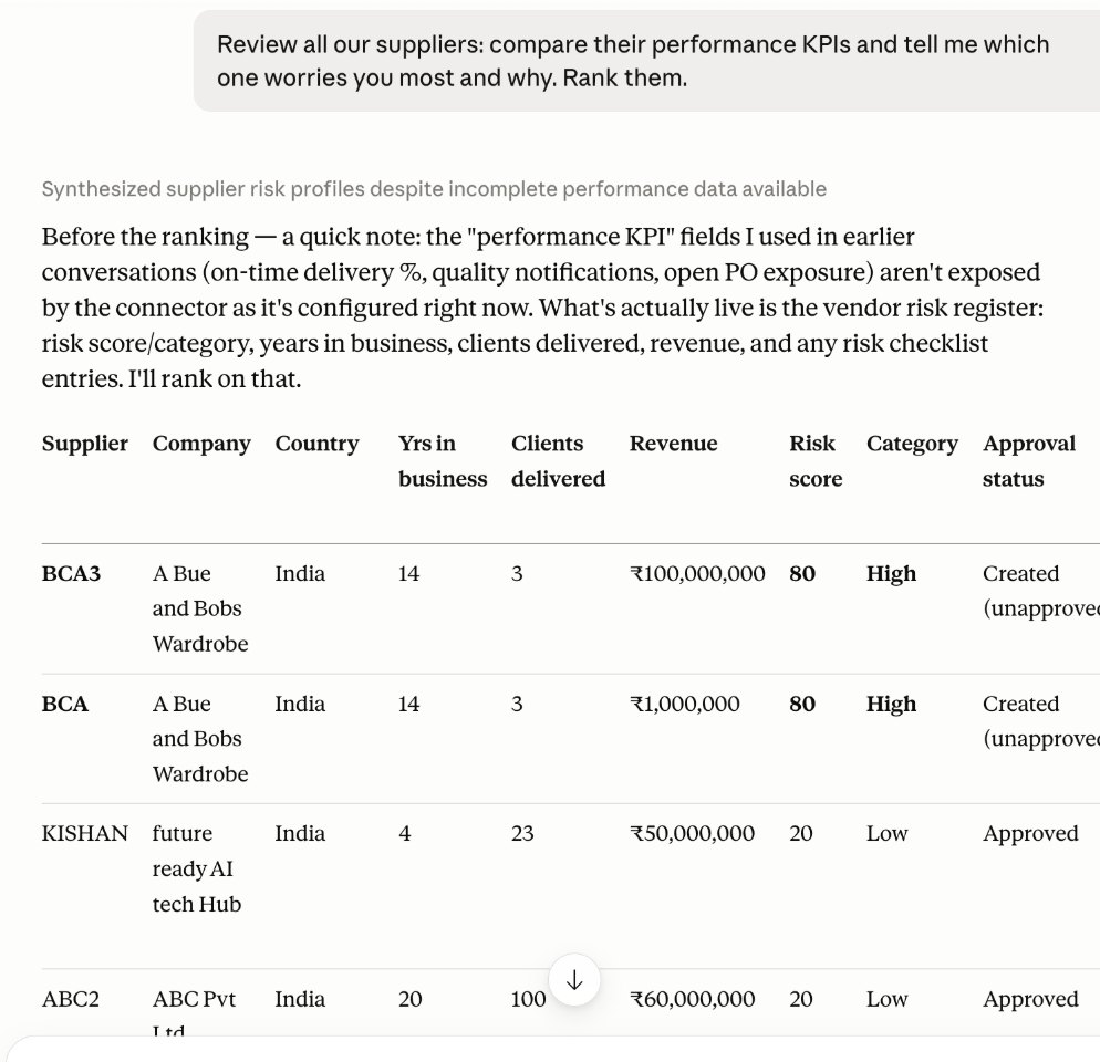 Claude ranking suppliers from the SAP supplier risk register through governed MCP tools