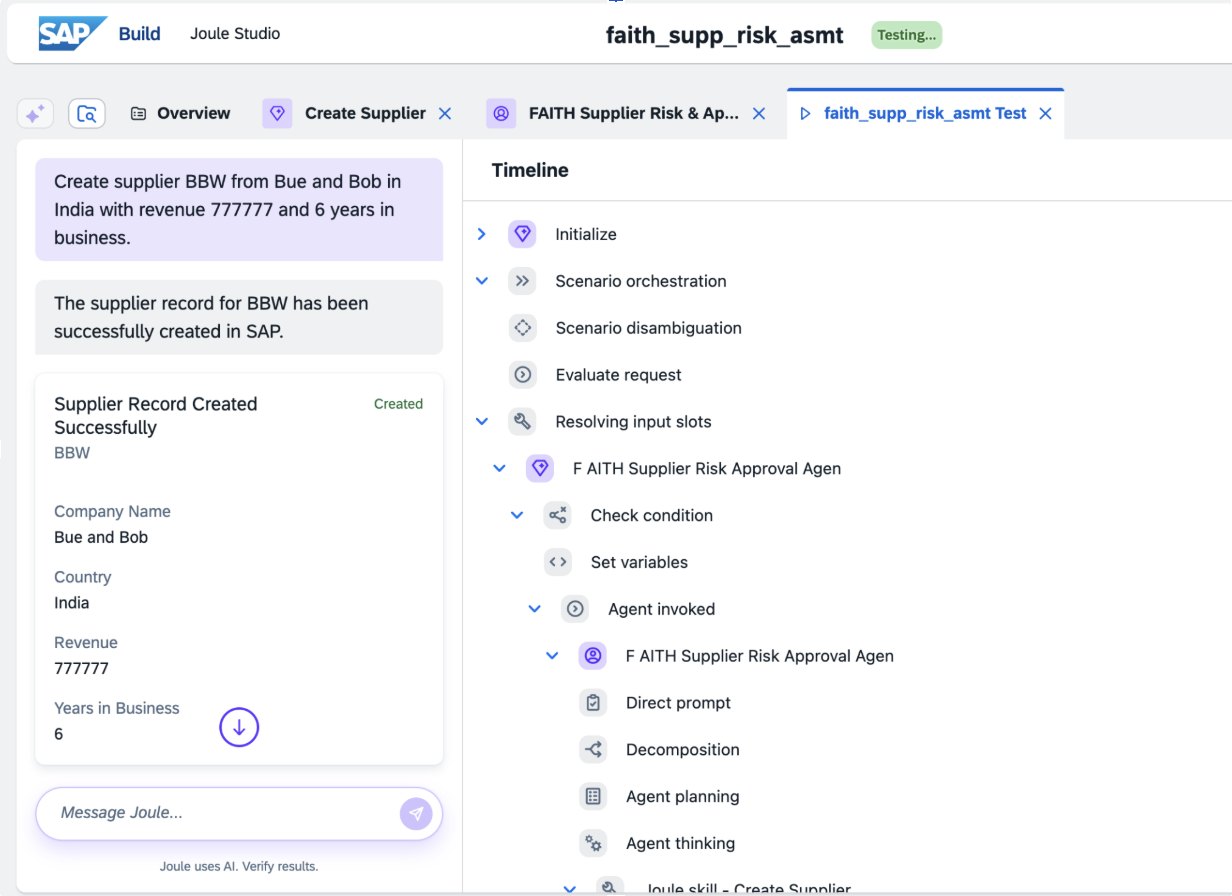 Joule Studio test run of a supplier risk approval agent with the orchestration timeline