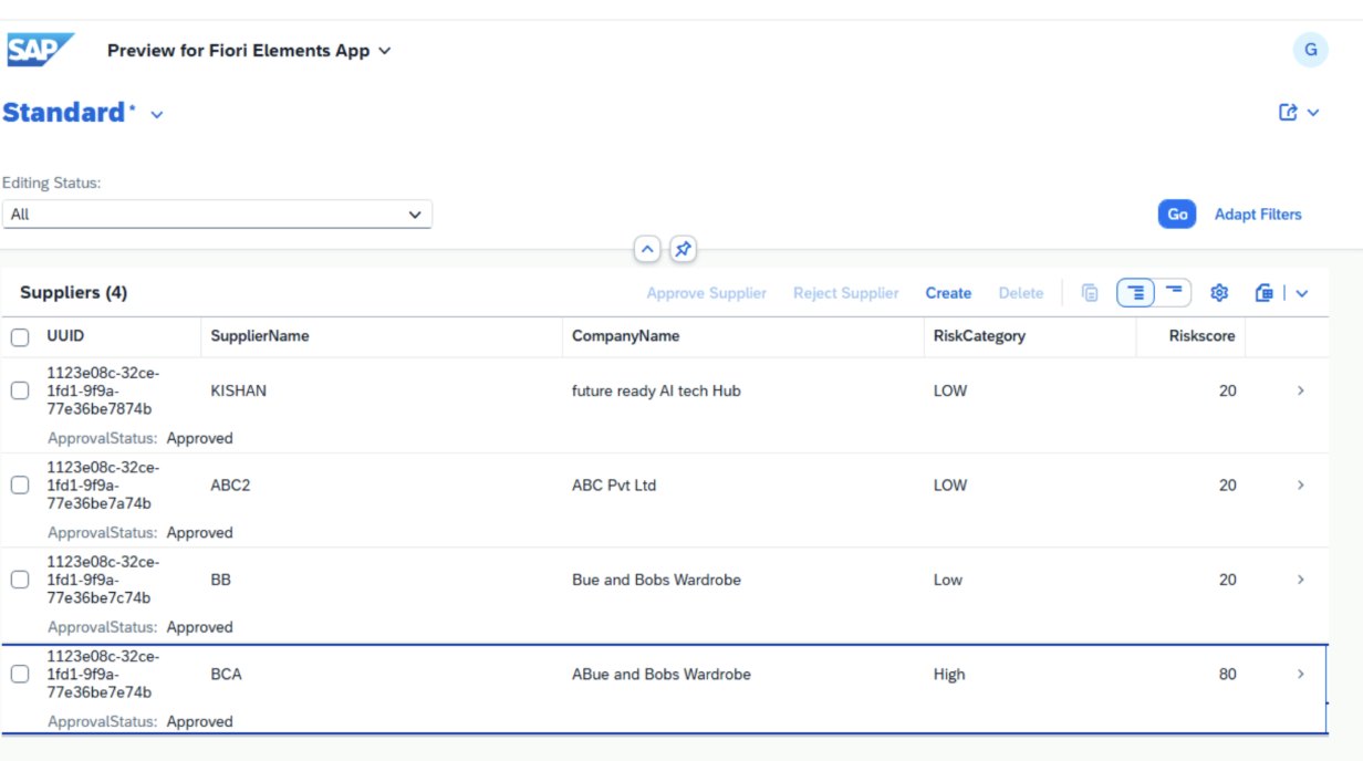 SAP Fiori Elements list report of a RAP supplier risk business object with risk score, approval status and Approve and Reject actions