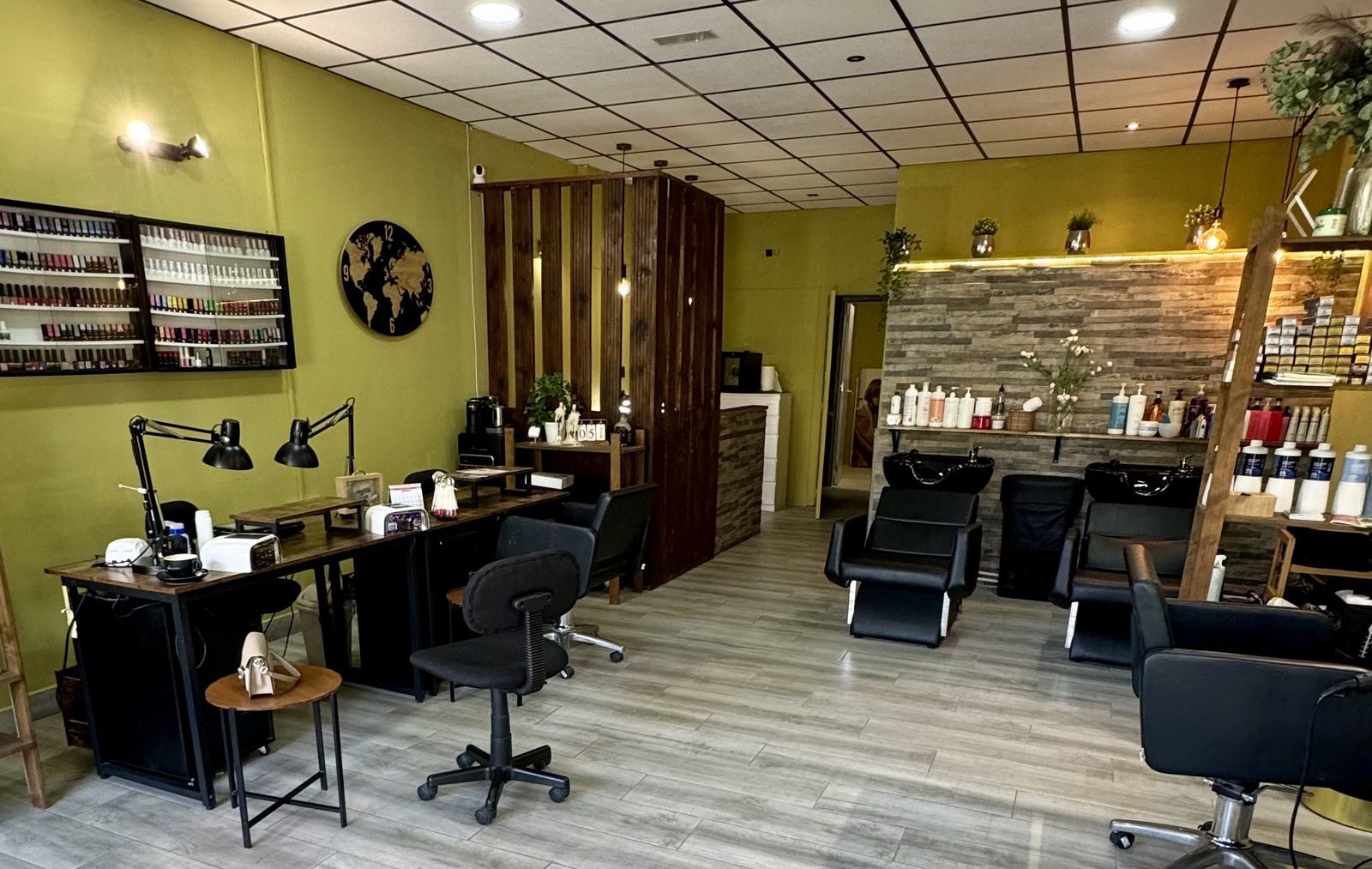 Real interior of JO Beauty Studio, nails and hair stations