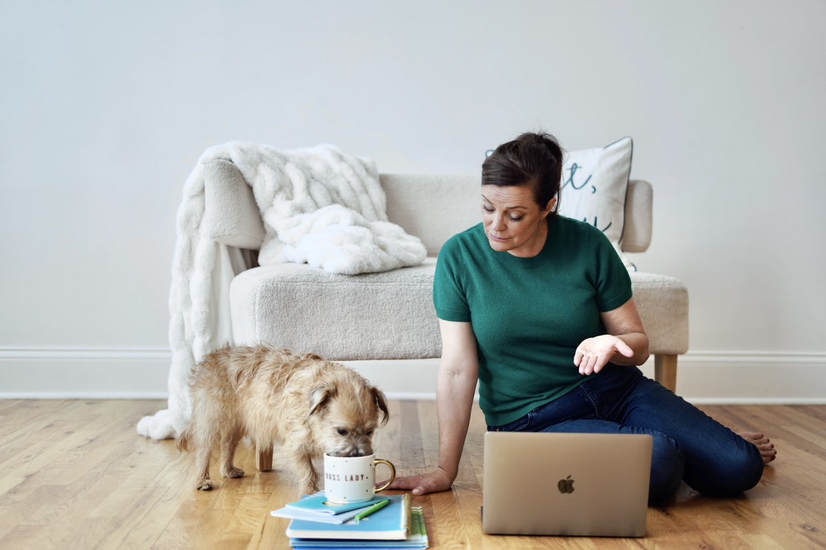 cute terrier dog drinks out of owners coffee mug