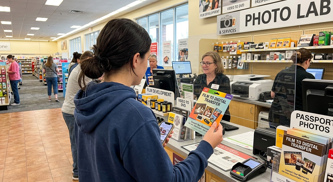 retail store film transfer kiosk showing Walmart and Costco options for 8mm conversion