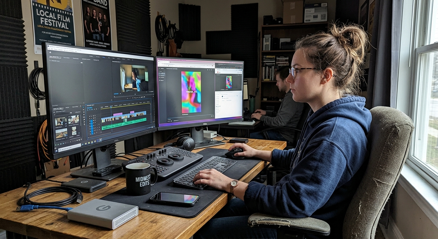 video editor working on short-form and long-form content in professional suite