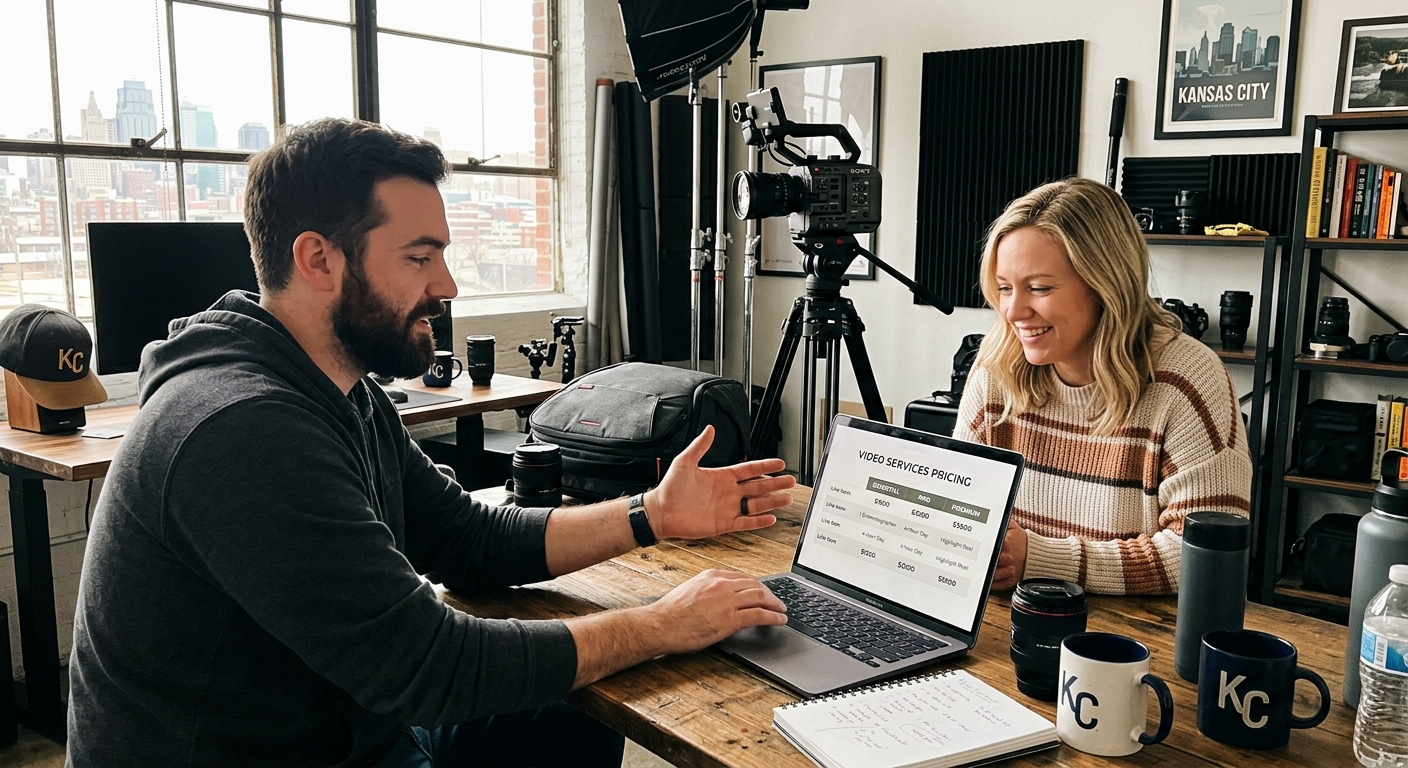 videographer reviewing pricing models with client in Kansas City studio