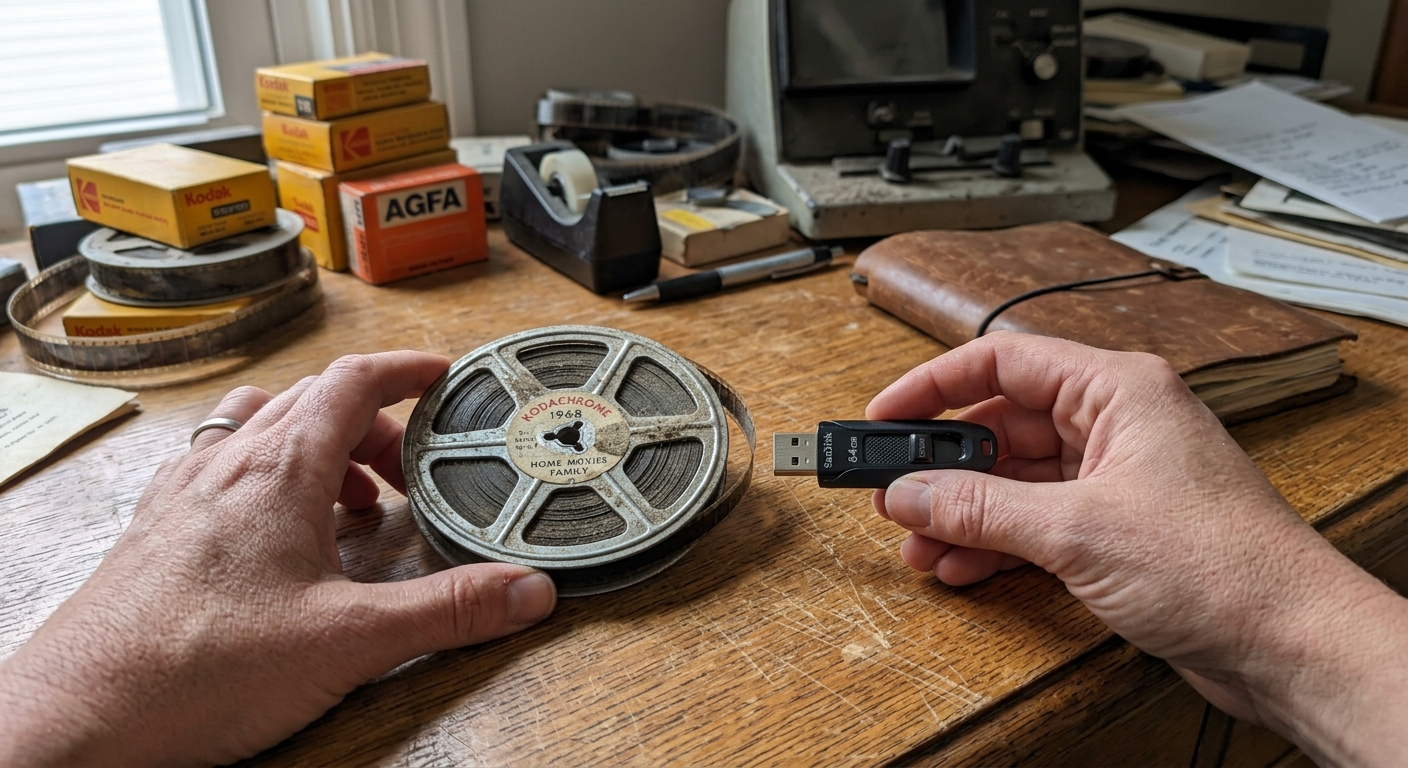8mm film reels and DVD comparing professional conversion versus DIY transfer methods
