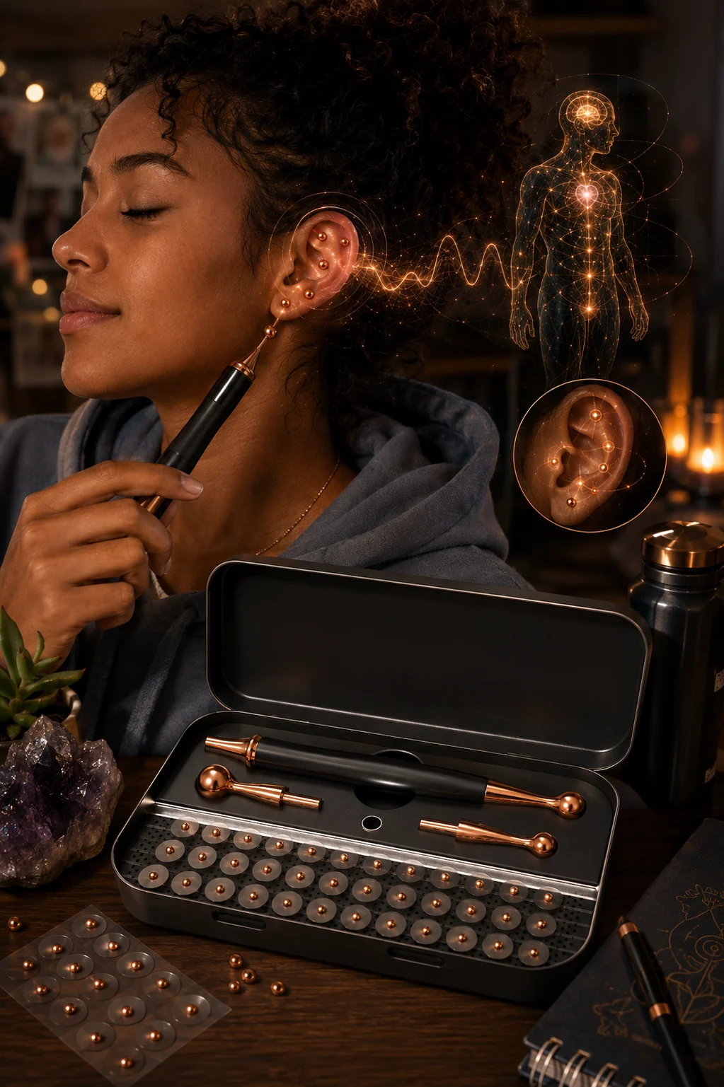 A woman resting with copper ear seeds placed on her ear, using the Reset Wand tip, with the open kit of wand, massage tips and ear seeds in front of her