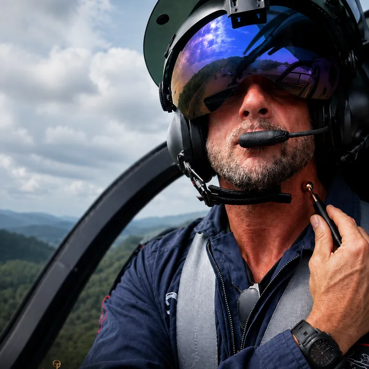 A pilot in his helmet using the Reset Wand on his neck