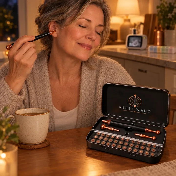 A caregiver at her kitchen table placing a copper ear seed with the Reset Wand tip