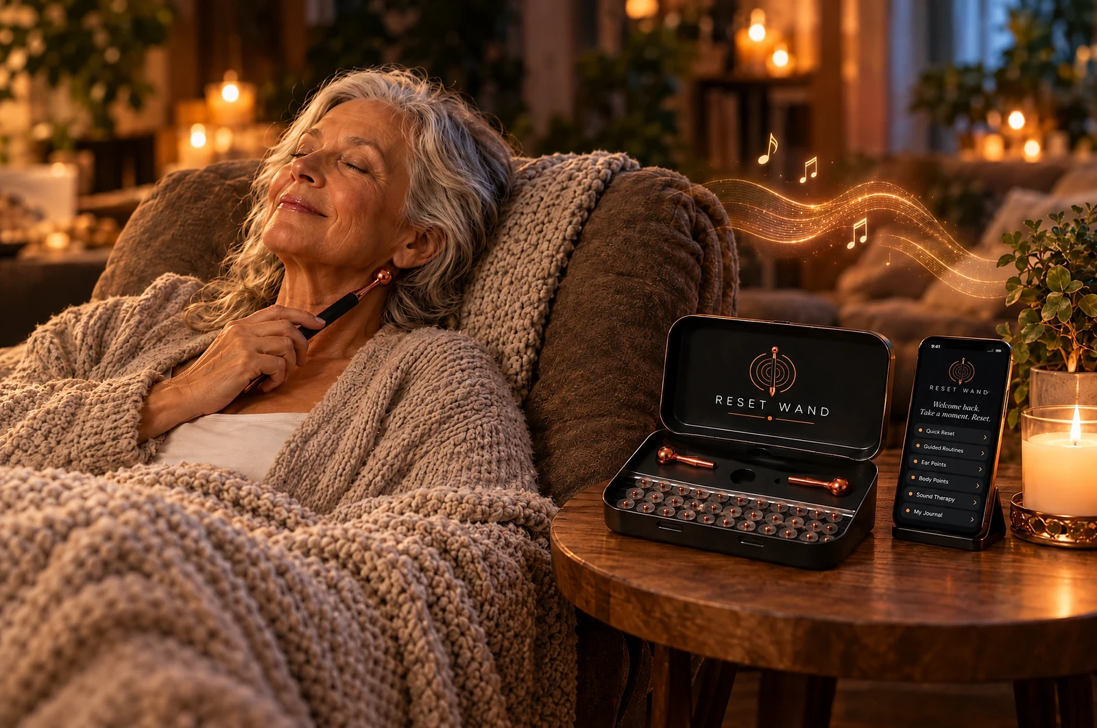 A woman resting in her armchair, gliding the Reset Wand along her neck while the Reset App plays calming sound beside the open kit