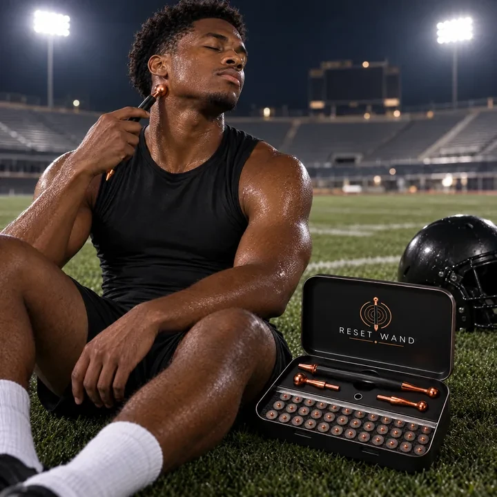 A football player on the sideline massaging along his neck with the Reset Wand