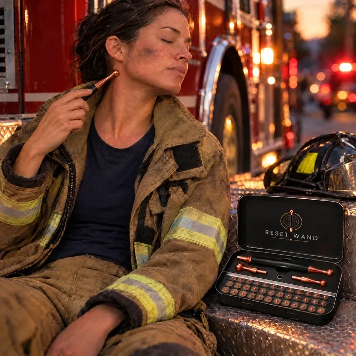 A firefighter resting on the fire engine step, massaging along her neck with the Reset Wand