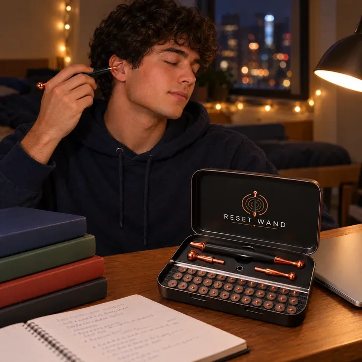 A student at his desk placing a copper ear seed with the Reset Wand tip