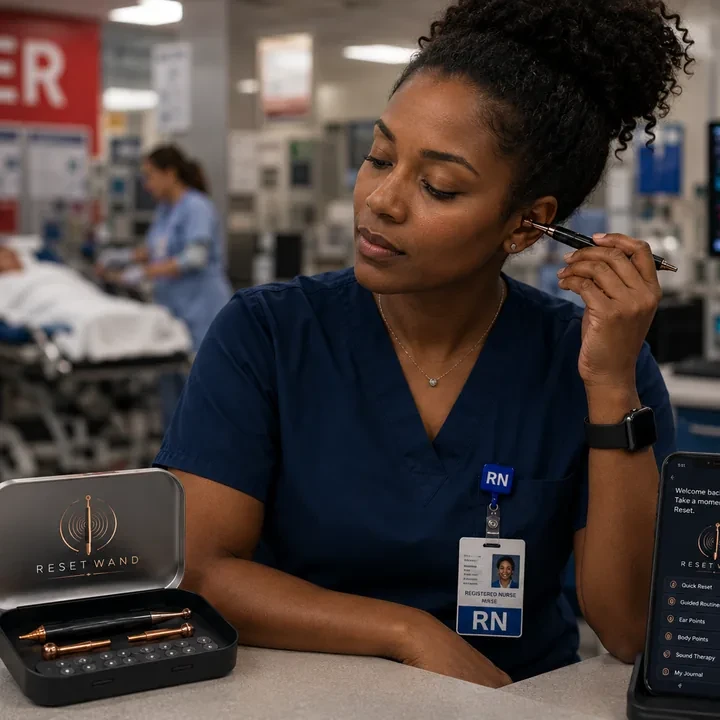 An ER nurse taking a moment with the Reset Wand at the nurses station