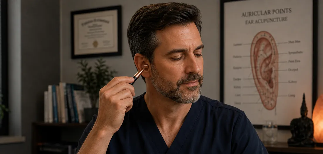 A man at his desk placing a copper ear seed on his ear with the Reset Wand tip, an ear point chart on the wall behind him