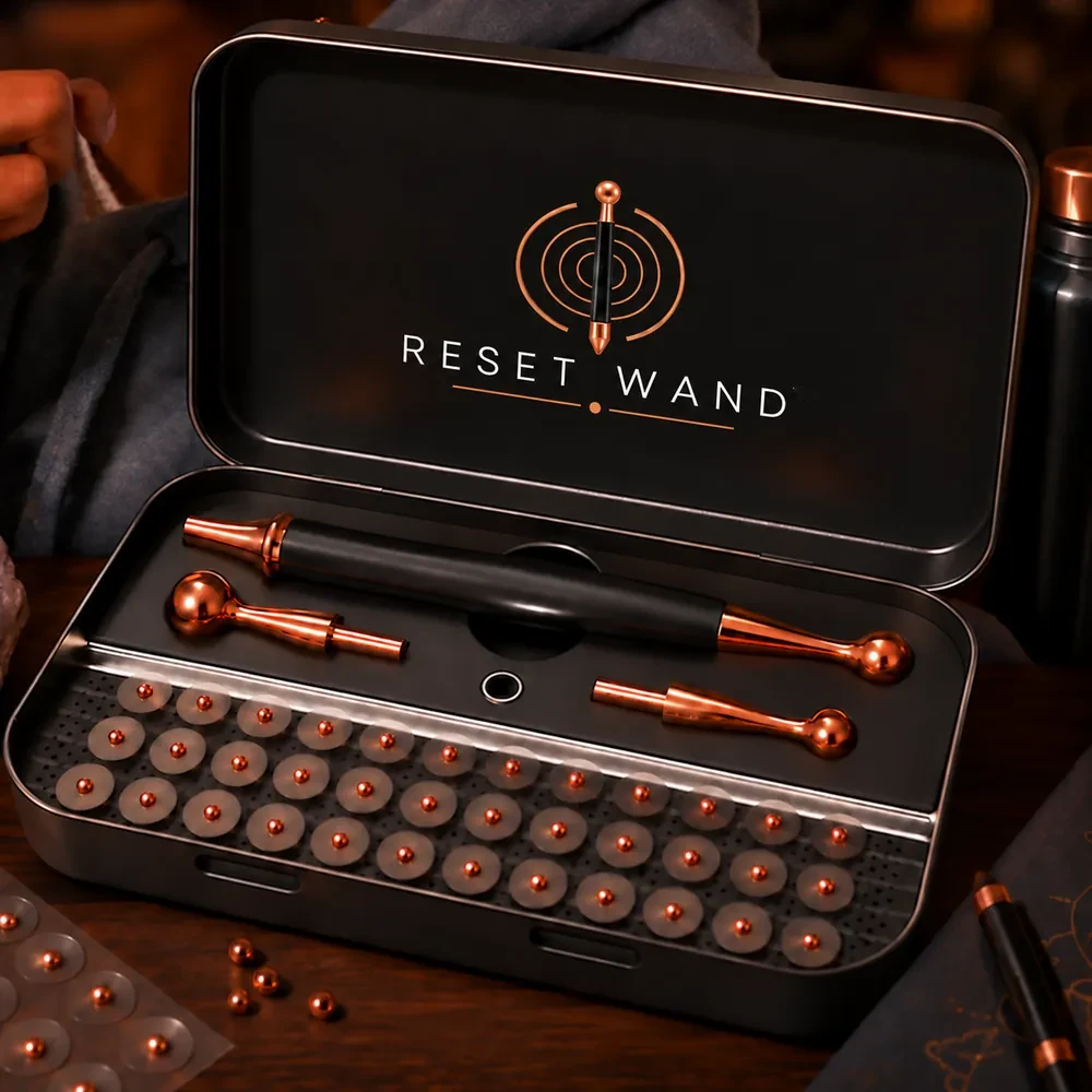 The complete Reset Wand kit, open: the wand, two spare copper ball heads and a tray of copper ear seeds on clear stickers