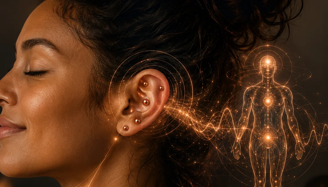 A woman resting with copper ear seeds on her ear, with glowing lines linking the ear to an outline of the body