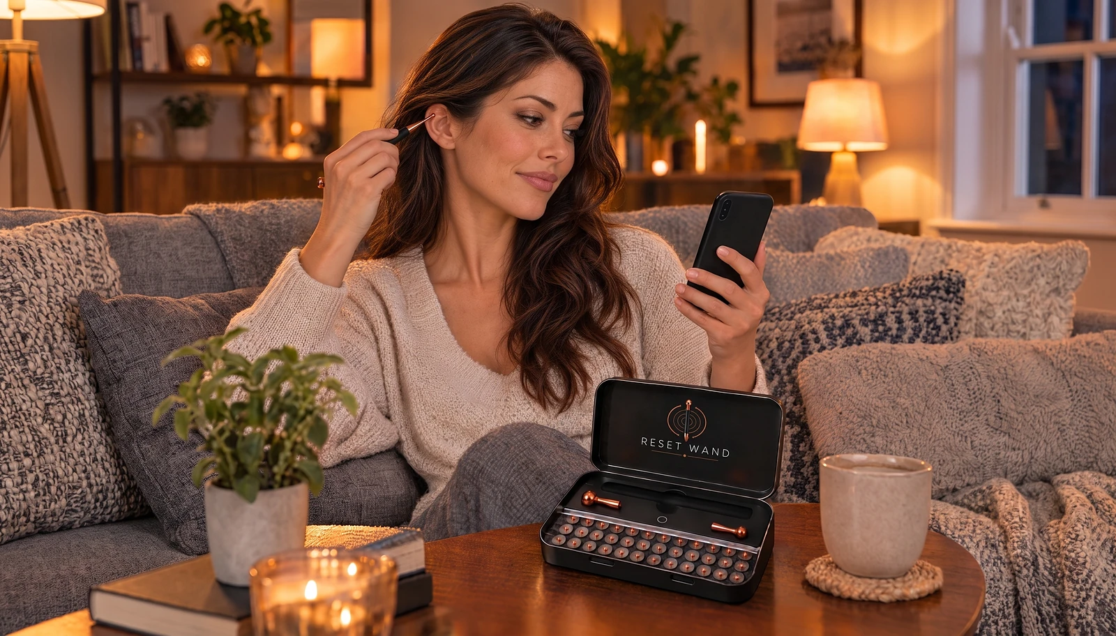 A woman on her sofa placing a copper ear seed with the Reset Wand tip while she follows the Reset App on her phone, the open kit on the table