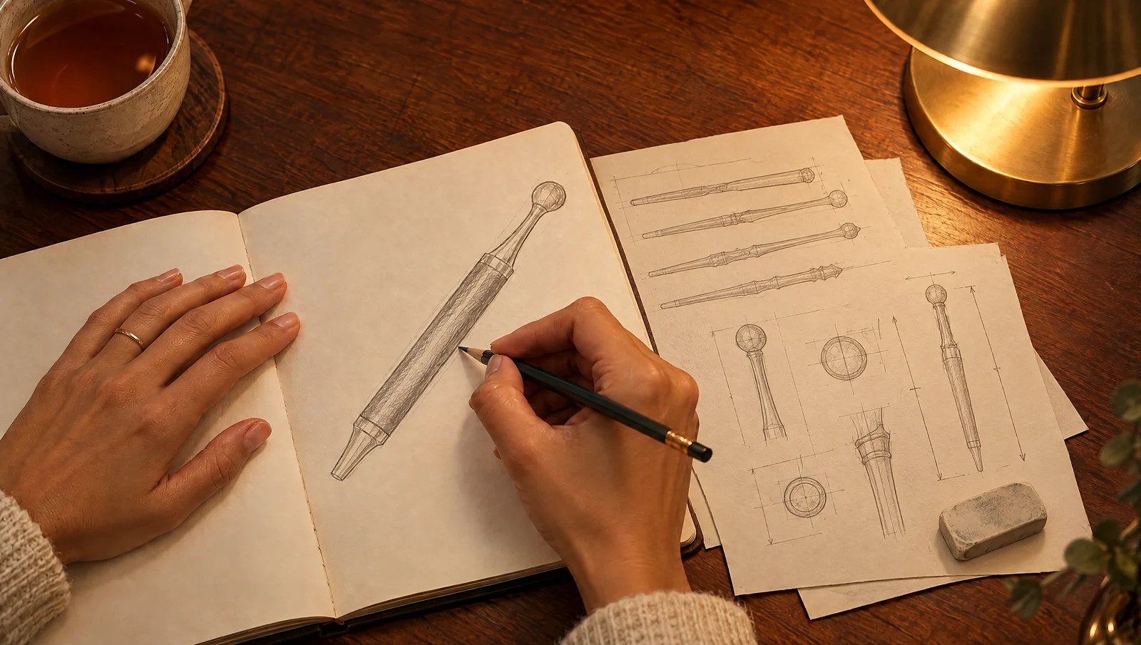 Hands sketching early designs of the Reset Wand in a notebook, with loose concept drawings on the desk