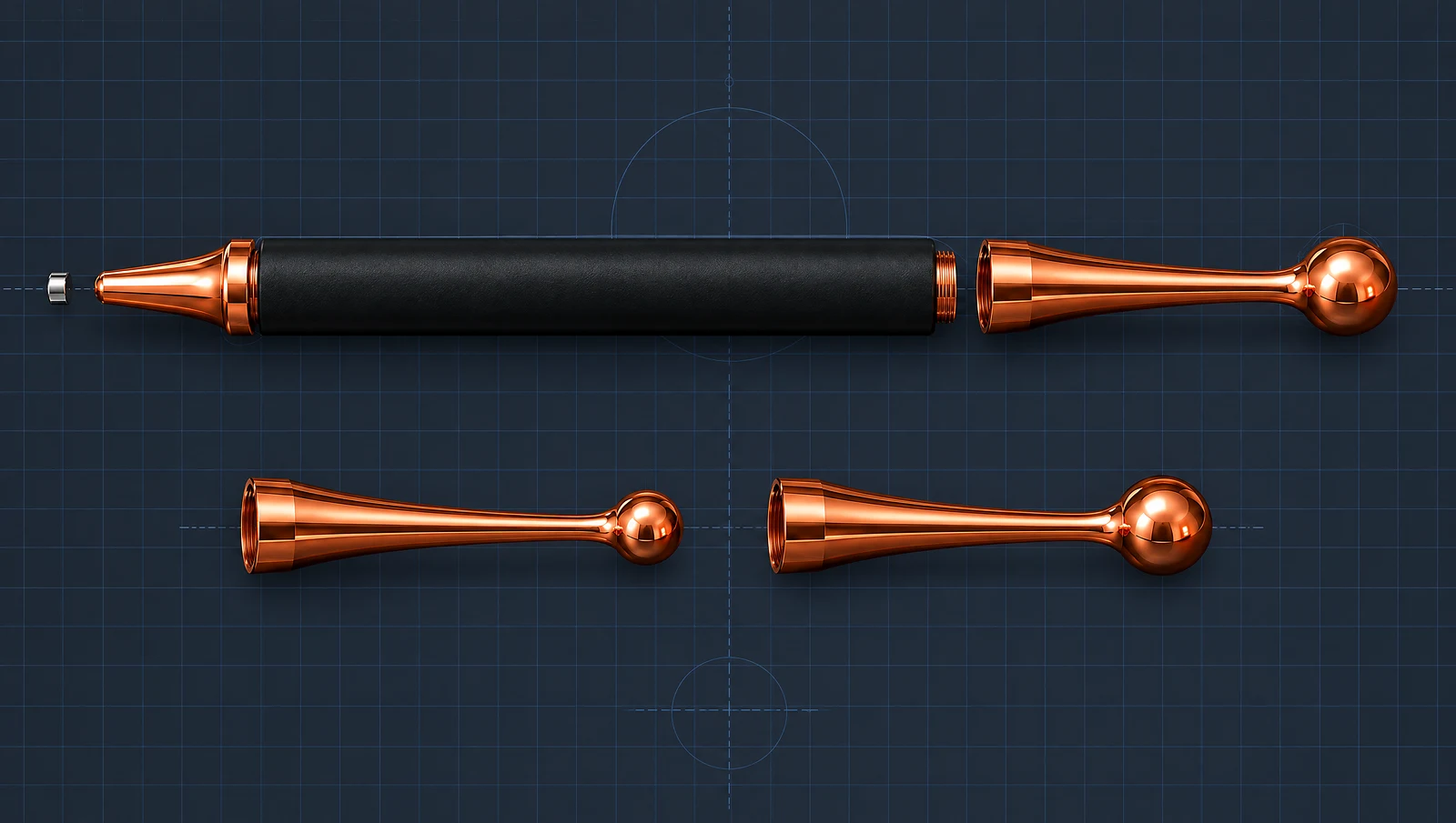 A 3D design render of the Reset Wand with its three copper heads and magnetic tip shown apart