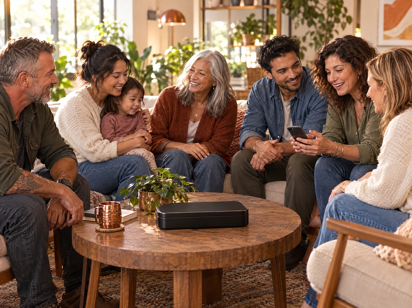 A small group of people of different ages relaxing together in a bright room, two of them looking at a phone, the Reset Wand kit on the coffee table