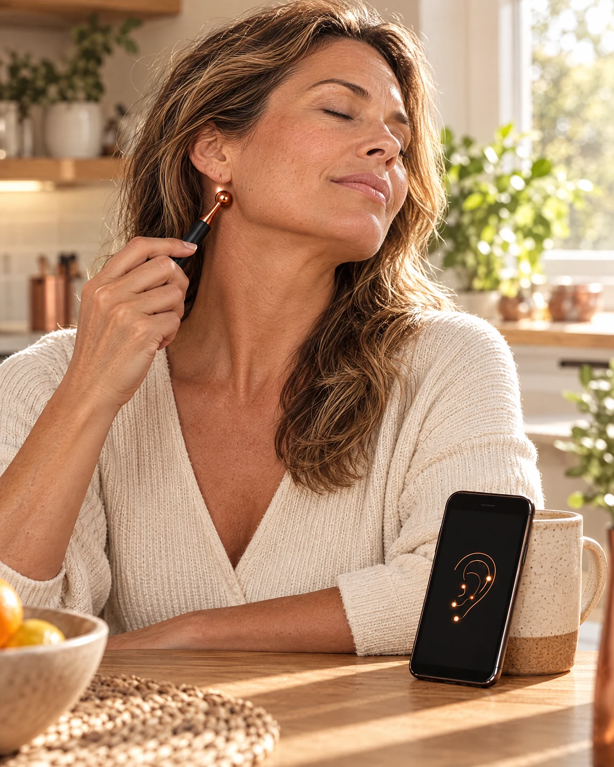 A woman at her kitchen table gliding the copper ball of the Reset Wand along her neck, the Reset App on a phone propped against a mug