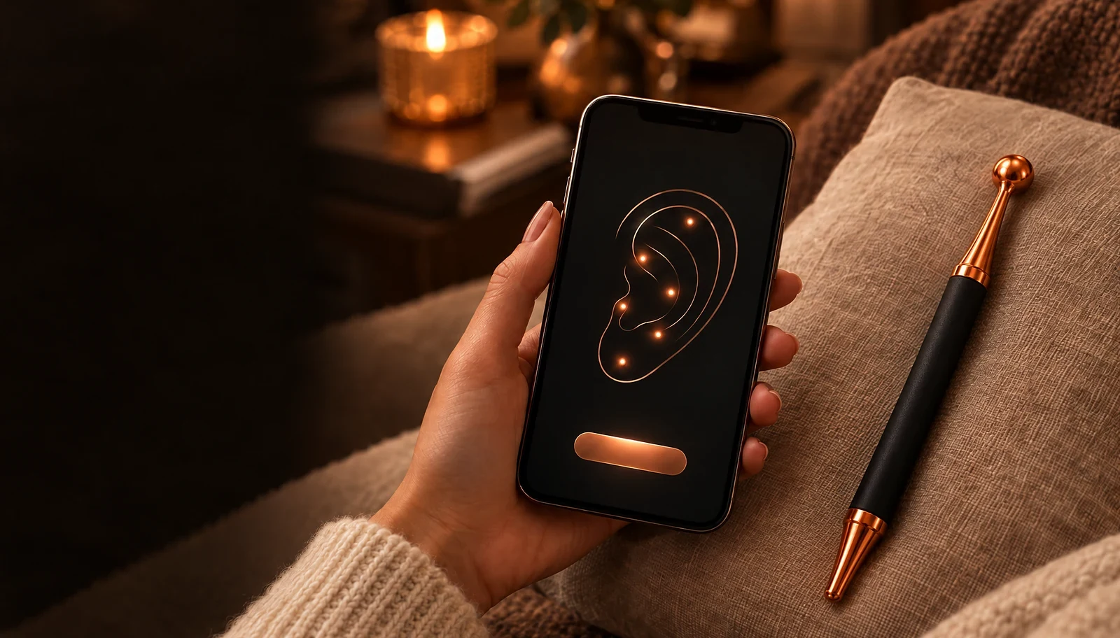 A hand holding a phone showing the Reset App ear point map, the Reset Wand resting on a linen cushion beside it